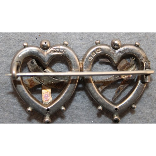 552 - Silver Hallmarked Victorian Double Heart Brooch