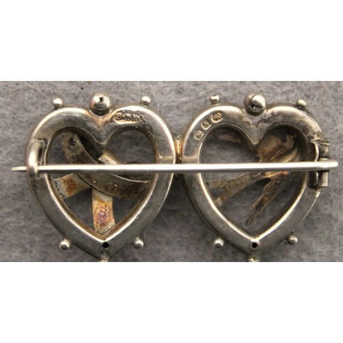 552 - Silver Hallmarked Victorian Double Heart Brooch