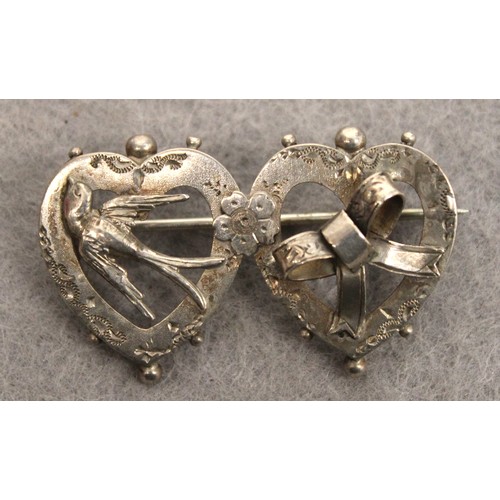 552 - Silver Hallmarked Victorian Double Heart Brooch