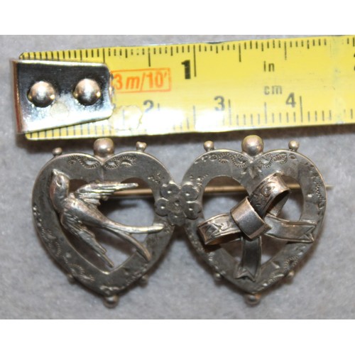 552 - Silver Hallmarked Victorian Double Heart Brooch