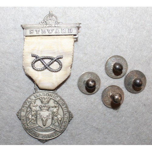 553 - Silver Hallmarked STEWARD MASONIC 1933 MEDAL For Girls & Two Sets Of Coin Cufflinks 1890/ 1891 (Two ... 