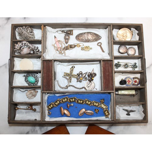 501 - Selection Of Mixed Antique/Vintage Jewellery Items Etc In Wooden Tray