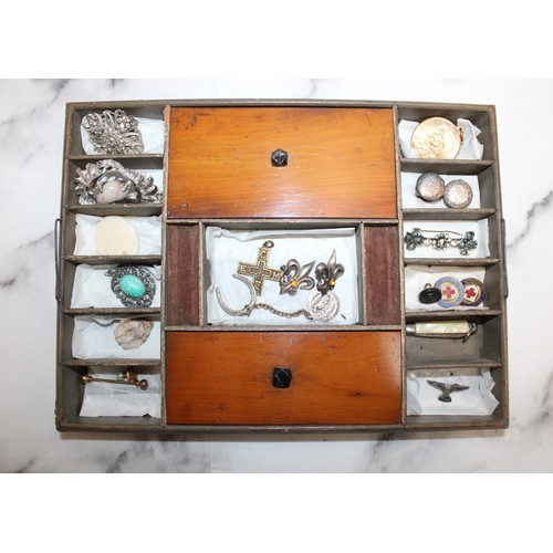 501 - Selection Of Mixed Antique/Vintage Jewellery Items Etc In Wooden Tray