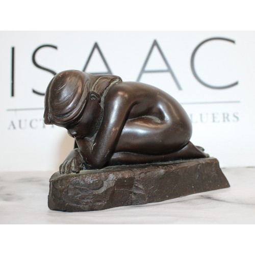 32 - Kneeling Woman Bronze On Plinth By D J. Skaldwell Length-12cm