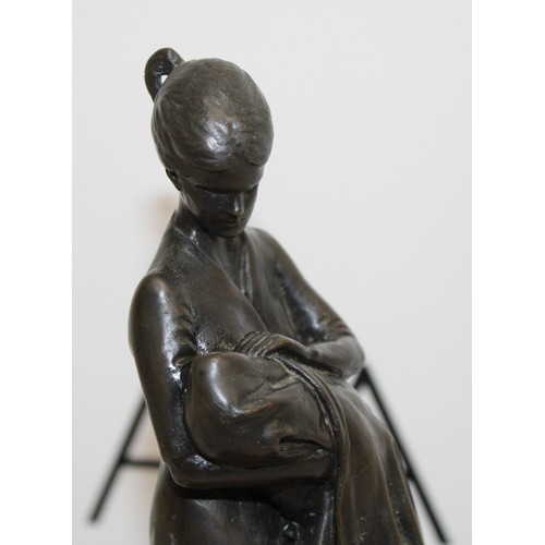 34 - A Collectable Bronzed Statue Of A Lady Nursing A Baby H:24cm