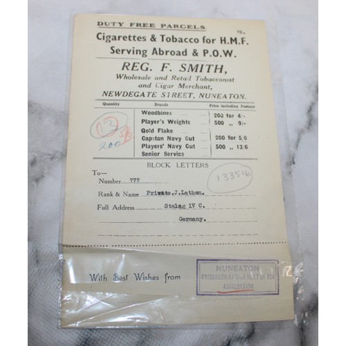 552 - 5 Original Receipts from Duty Free Parcels sent to Registered Prisoners of War