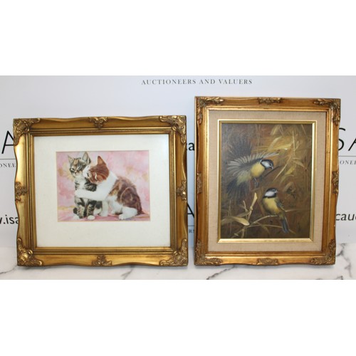 290 - One Oil On Canvas Bird Painting In A Decorative Gold Gilt Frame 35.5cm x 30.5cm One Cat Print In A D... 