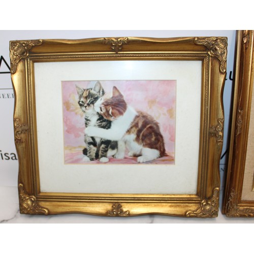 290 - One Oil On Canvas Bird Painting In A Decorative Gold Gilt Frame 35.5cm x 30.5cm One Cat Print In A D... 