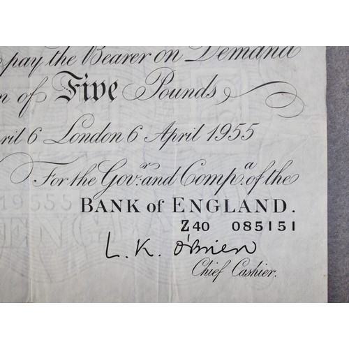 482 - A Collectable Bank Of England Five Pound Note Z40 085151 April 6 1955 Chief Cashier L.K O'Brian