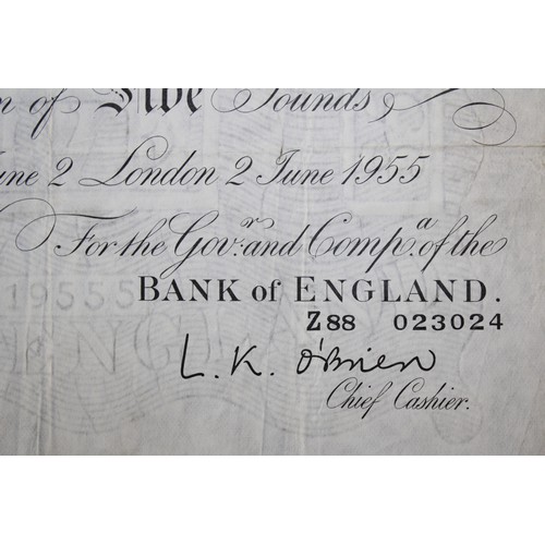 483 - A Collectable Bank Of England Five Pound Note Z88 023024 June 2nd 1955 Chief Cashier L.K O'Brian