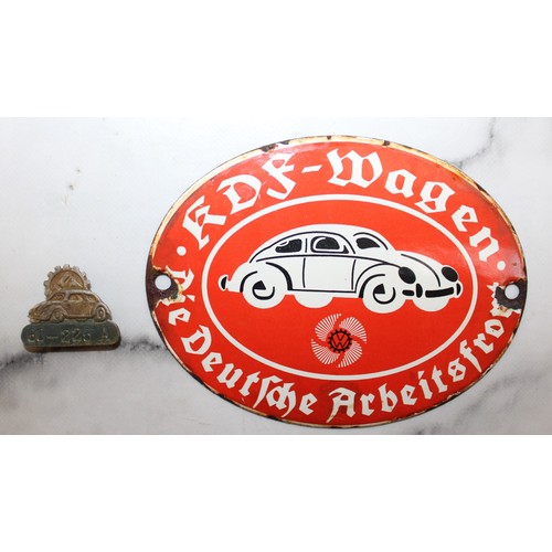 262 - Enamel Sign RDF-Wagen Beetle Car 15cm x 11.5cm & German Car Pin Badge