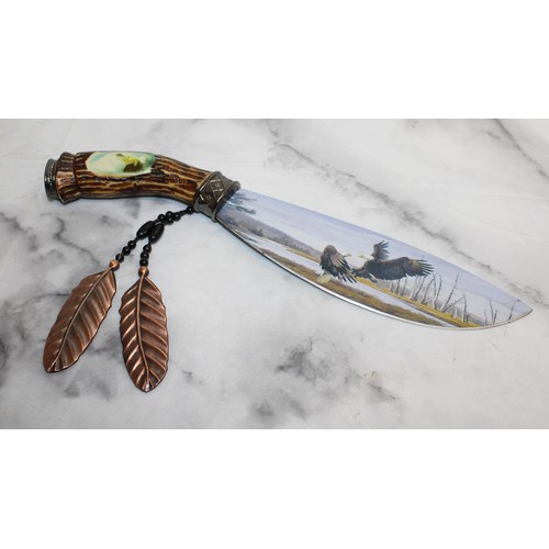 154 - A Collectable Decorative Hunting Knife With A Painted Eagle Scene Stand Length:35cm 
PROOF OF ID (OV... 