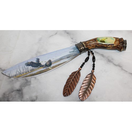 154 - A Collectable Decorative Hunting Knife With A Painted Eagle Scene Stand Length:35cm 
PROOF OF ID (OV... 