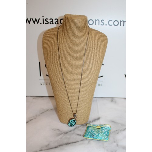 600 - Stamped 925 Turquoise Pendant With A Stamped 835 Necklace In A Pouch