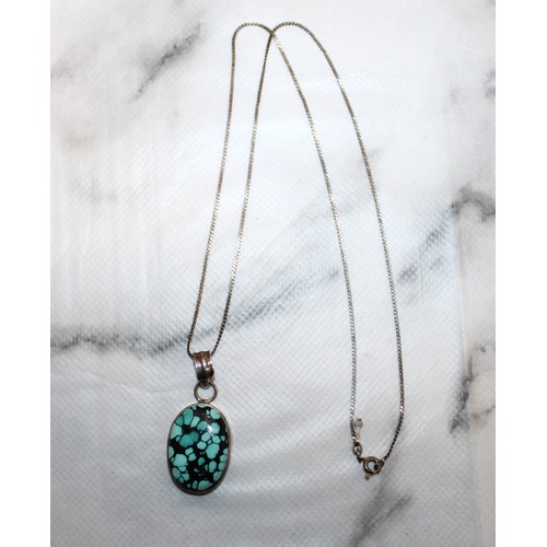 600 - Stamped 925 Turquoise Pendant With A Stamped 835 Necklace In A Pouch