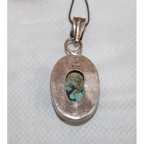 600 - Stamped 925 Turquoise Pendant With A Stamped 835 Necklace In A Pouch