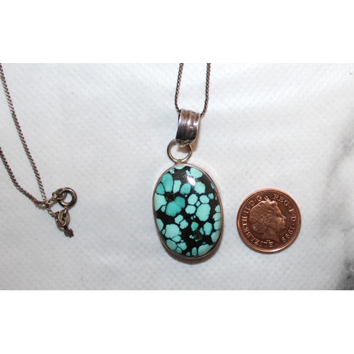 600 - Stamped 925 Turquoise Pendant With A Stamped 835 Necklace In A Pouch