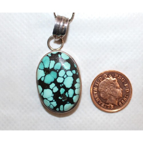 600 - Stamped 925 Turquoise Pendant With A Stamped 835 Necklace In A Pouch