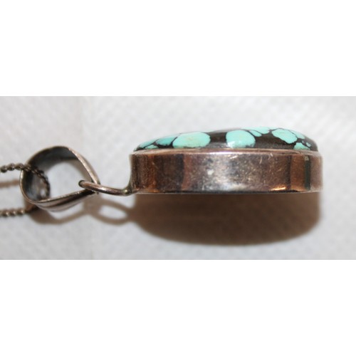 600 - Stamped 925 Turquoise Pendant With A Stamped 835 Necklace In A Pouch