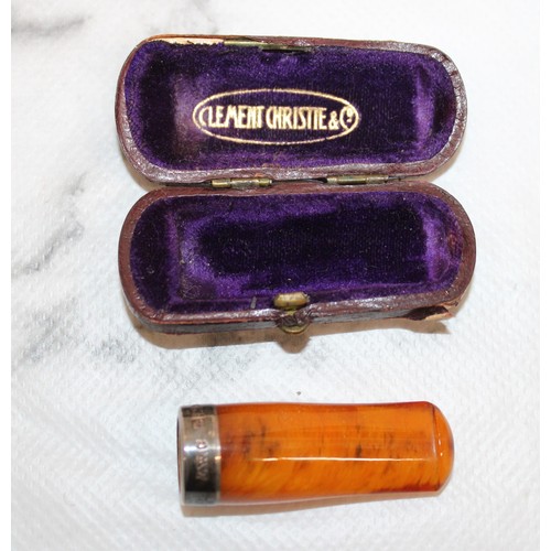 273 - Silver Hallmarked Rim CLEMENT CHRISTIE & CO Amber Holder Cheroot Boxed