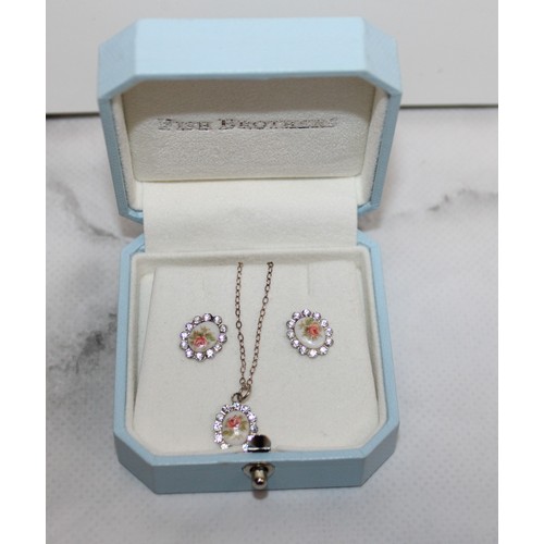 603 - Boxed Decorative Rose Stamped 925 Silver Necklace & Earrings(One Missing Earring Back)