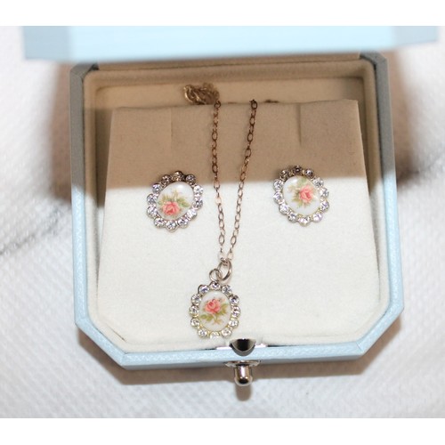 603 - Boxed Decorative Rose Stamped 925 Silver Necklace & Earrings(One Missing Earring Back)