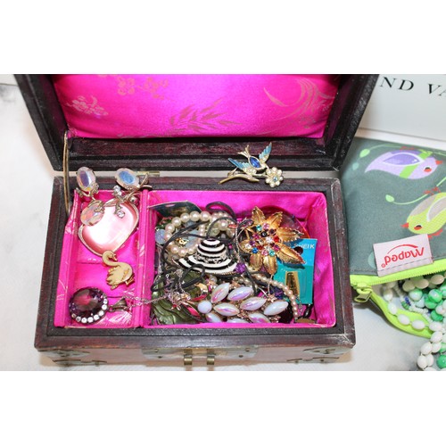 512 - Mixed Jewellery Items In A Decorative Wooden Oriental Jewellery Box & Pouch