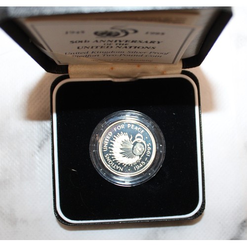 394 - Royal Mint Boxed 1995 £2 United Nations 50th Anniversary Silver Proof Coin & COA