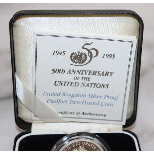 394 - Royal Mint Boxed 1995 £2 United Nations 50th Anniversary Silver Proof Coin & COA