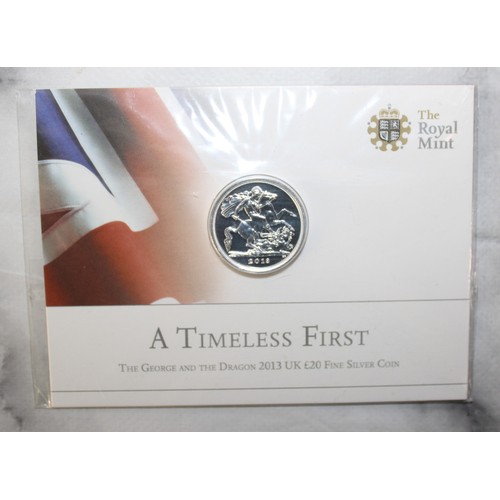 405 - The Royal Mint 2013 A Timeless First The George And The Dragon 2013 UK £20 Fine Silver Coin Sealed P... 