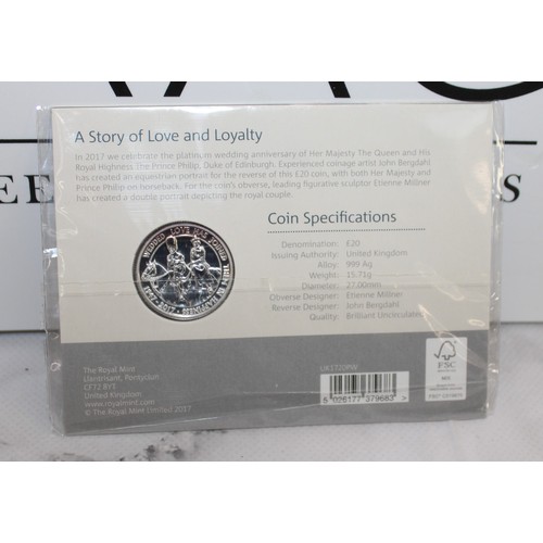 408 - The Royal Mint The Platinum Wedding Anniversary 2017 UK £20 Fine Silver Coin Sealed Pack