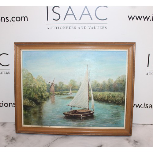 298 - Boat Painting Oil On Board Signed M.C. 47cm x 36.5cm