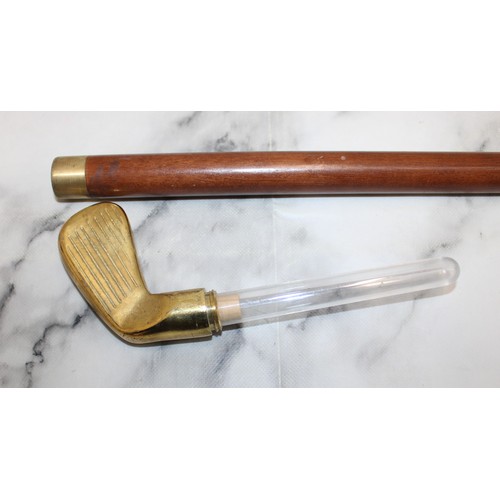 316 - Brass Topped (Golf Club) Walking Stick with Wine Tube Located inside Club - 91cm Long - Collection O... 