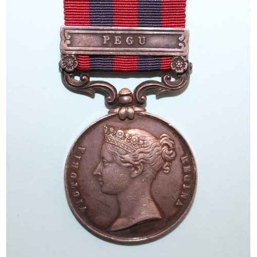 591 - 1854-95 India General Service Medal - PEGU Clasp - Awarded to Thos Smith 