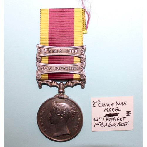 593 - 1842 China War Medal with 2 Bars - Awarded to Wm Lambert 1st Bn , 2nd Regt