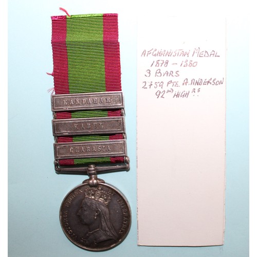 601 - 1881 Afghanistan Medal with 3 Bars - Awarded to 2759 PTE A ANDERSON 92ND HIGH R S