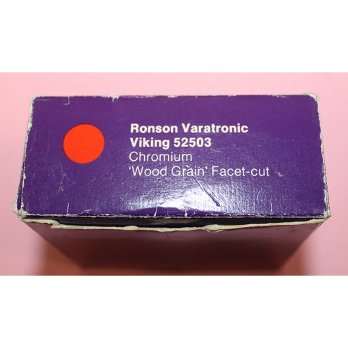 21 - Boxed RONSON VARATRONIC PIEZO-ELECTRIC VIKING 52503 CHROMIUM 'Wood Grain' Facet-Cut Lighter