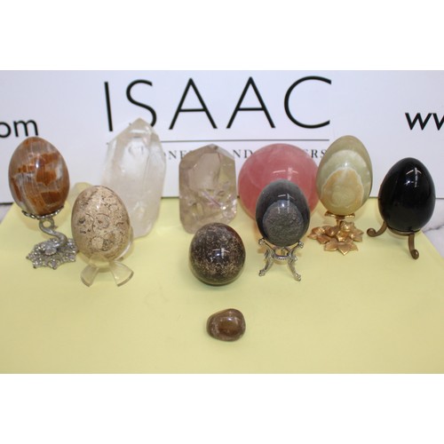 244 - Selection Of Collectable Stone Eggs Inc-Large Rose Quartz Ball/Crystals/Etc Some Stands