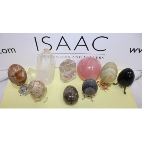244 - Selection Of Collectable Stone Eggs Inc-Large Rose Quartz Ball/Crystals/Etc Some Stands