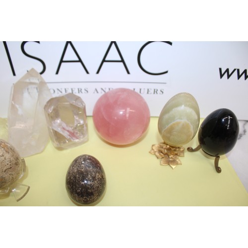 244 - Selection Of Collectable Stone Eggs Inc-Large Rose Quartz Ball/Crystals/Etc Some Stands