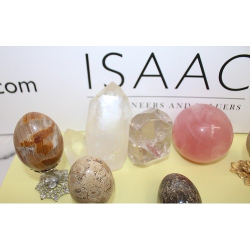 244 - Selection Of Collectable Stone Eggs Inc-Large Rose Quartz Ball/Crystals/Etc Some Stands