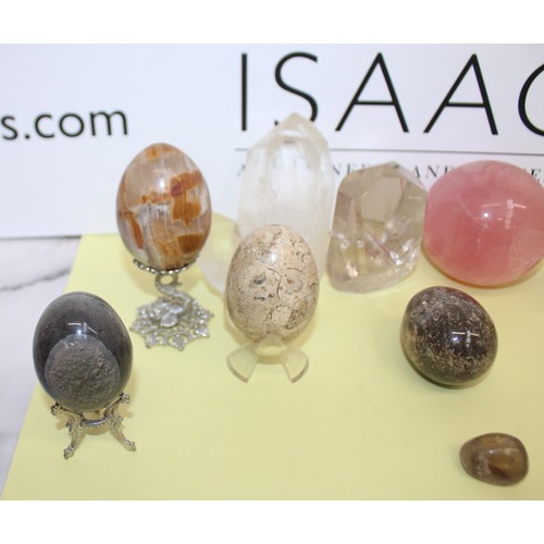 244 - Selection Of Collectable Stone Eggs Inc-Large Rose Quartz Ball/Crystals/Etc Some Stands