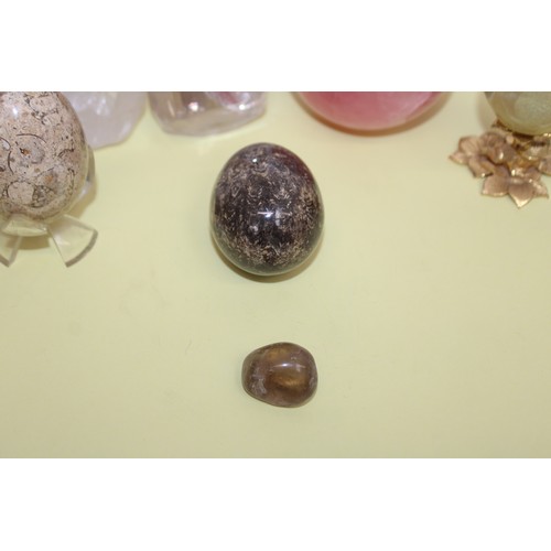 244 - Selection Of Collectable Stone Eggs Inc-Large Rose Quartz Ball/Crystals/Etc Some Stands