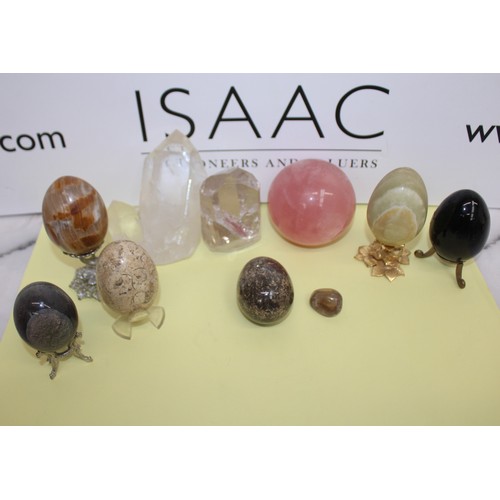 244 - Selection Of Collectable Stone Eggs Inc-Large Rose Quartz Ball/Crystals/Etc Some Stands