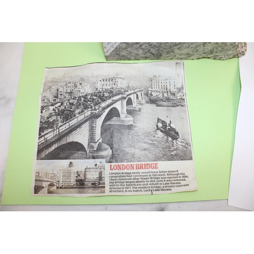 256 - London Bridge Stone Piece 20cm Length With Newspaper Clipping Etc
COLLECTION ONLY