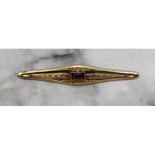 Stamped 585 Yellow Gold Antique Bar Brooch With Rectangle Amethyst ...