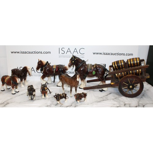 97 - A Quantity Of Collectable Shire Or Clydesdale  Horses One With A Cart And Barrells And One Beswick H... 