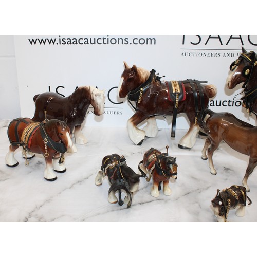 97 - A Quantity Of Collectable Shire Or Clydesdale  Horses One With A Cart And Barrells And One Beswick H... 