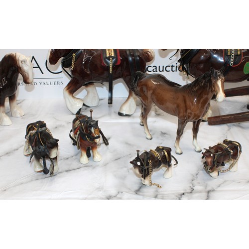 97 - A Quantity Of Collectable Shire Or Clydesdale  Horses One With A Cart And Barrells And One Beswick H... 