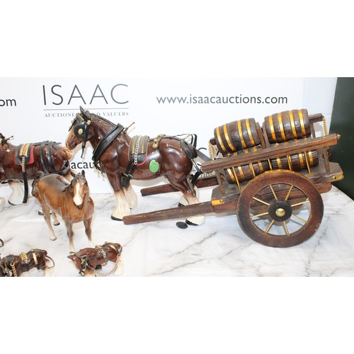 97 - A Quantity Of Collectable Shire Or Clydesdale  Horses One With A Cart And Barrells And One Beswick H... 